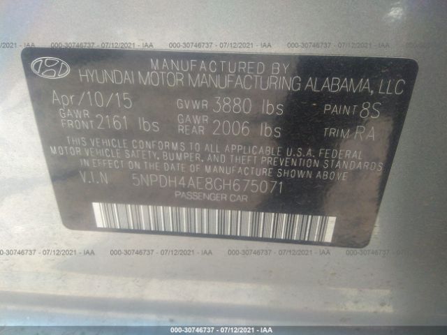 Photo 8 VIN: 5NPDH4AE8GH675071 - HYUNDAI ELANTRA SE 