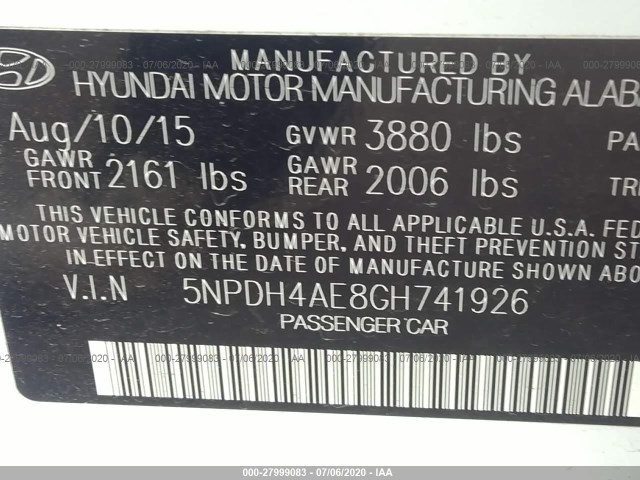 Photo 8 VIN: 5NPDH4AE8GH741926 - HYUNDAI ELANTRA 