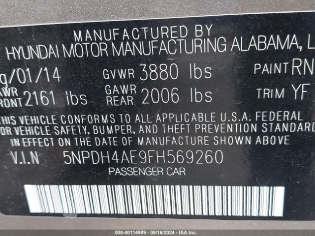 Photo 8 VIN: 5NPDH4AE9FH569260 - HYUNDAI ELANTRA 