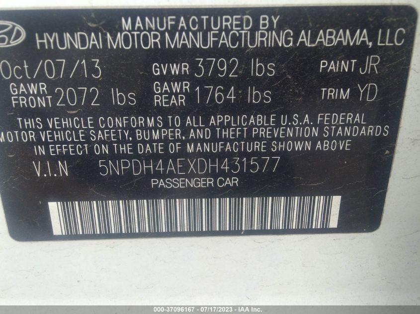 Photo 11 VIN: 5NPDH4AEXDH431577 - HYUNDAI ELANTRA 