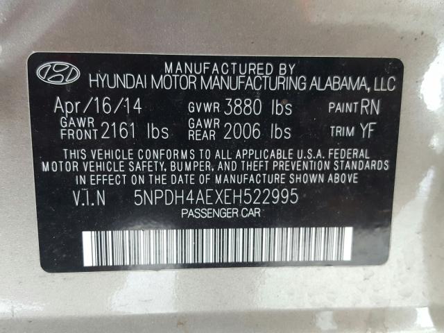 Photo 9 VIN: 5NPDH4AEXEH522995 - HYUNDAI ELANTRA SE 