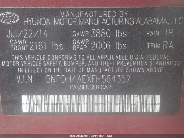 Photo 8 VIN: 5NPDH4AEXFH564357 - HYUNDAI ELANTRA 