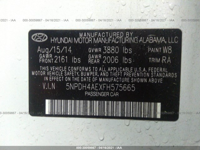 Photo 8 VIN: 5NPDH4AEXFH575665 - HYUNDAI ELANTRA 