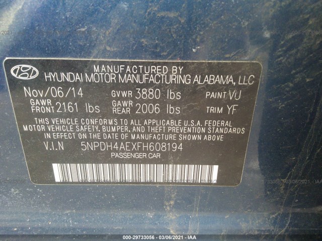 Photo 8 VIN: 5NPDH4AEXFH608194 - HYUNDAI ELANTRA 