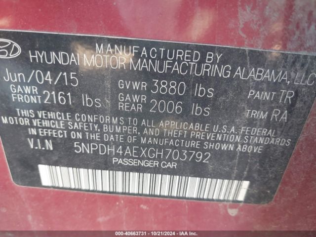 Photo 8 VIN: 5NPDH4AEXGH703792 - HYUNDAI ELANTRA 