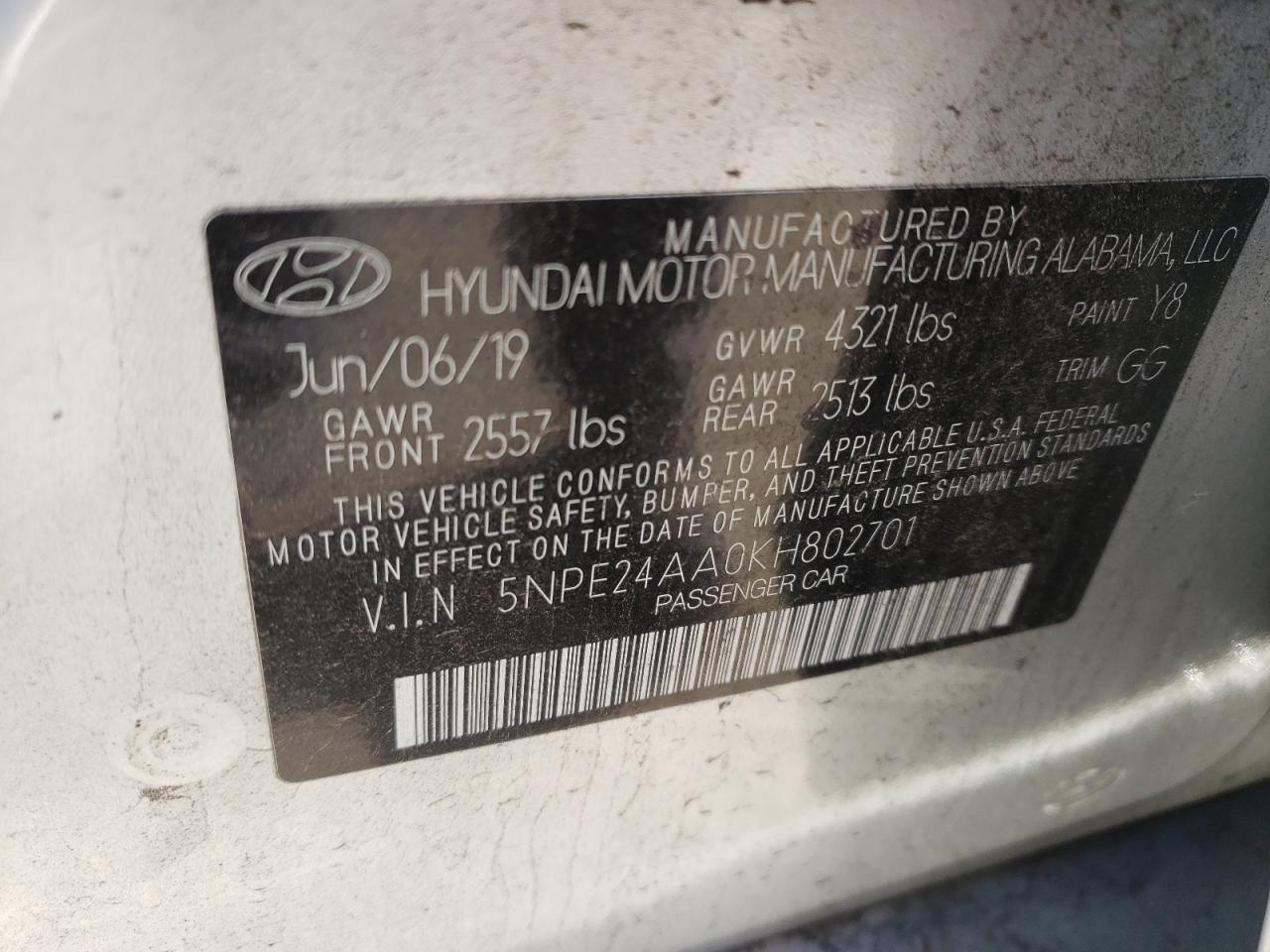 Photo 11 VIN: 5NPE24AA0KH802701 - HYUNDAI SONATA 