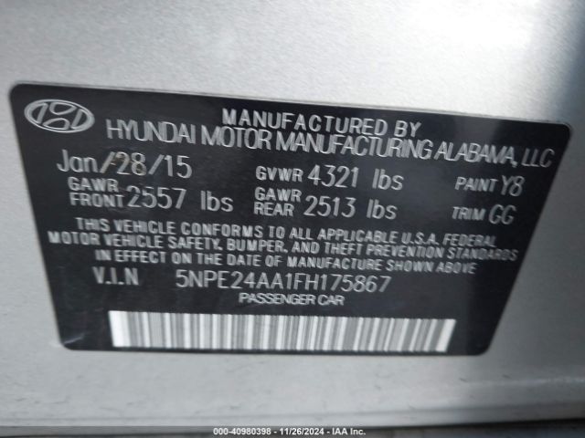 Photo 8 VIN: 5NPE24AA1FH175867 - HYUNDAI SONATA 