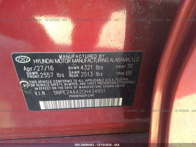 Photo 8 VIN: 5NPE24AA2GH434951 - HYUNDAI SONATA 