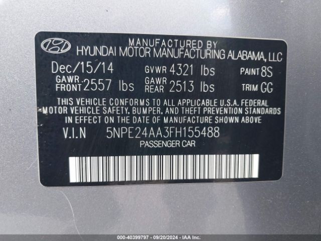 Photo 8 VIN: 5NPE24AA3FH155488 - HYUNDAI SONATA 