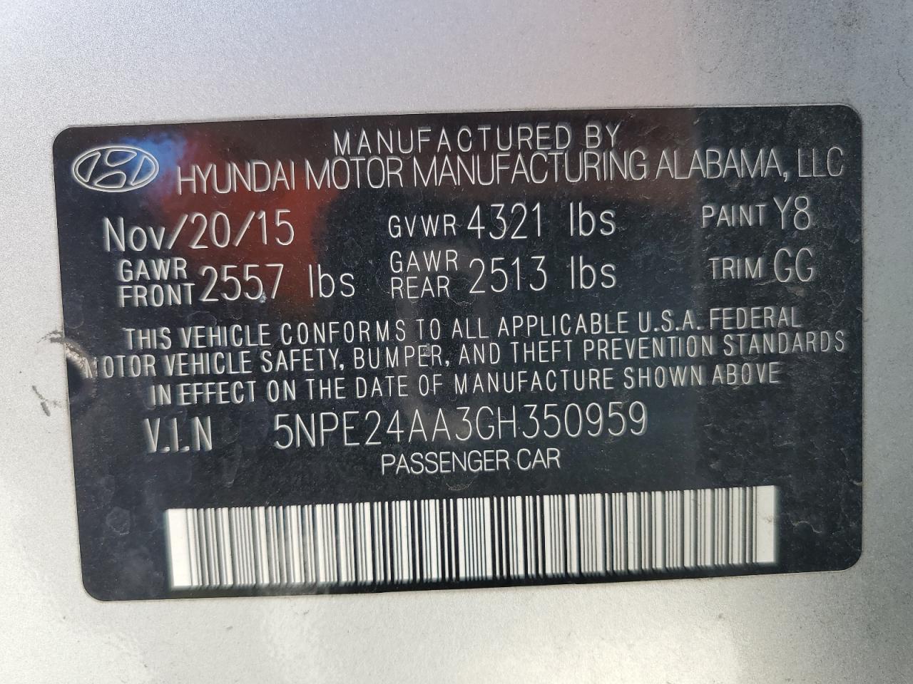 Photo 11 VIN: 5NPE24AA3GH350959 - HYUNDAI SONATA 