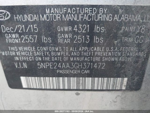 Photo 8 VIN: 5NPE24AA3GH371472 - HYUNDAI SONATA 