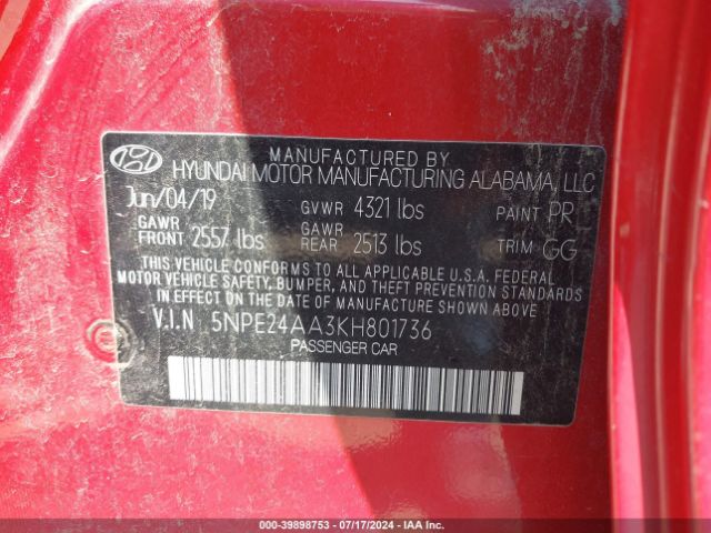 Photo 8 VIN: 5NPE24AA3KH801736 - HYUNDAI SONATA 