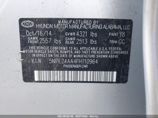 Photo 8 VIN: 5NPE24AA4FH110964 - HYUNDAI SONATA 