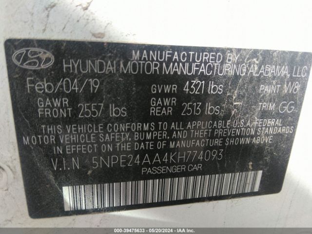 Photo 8 VIN: 5NPE24AA4KH774093 - HYUNDAI SONATA 