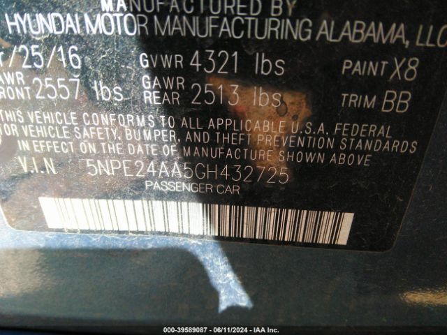 Photo 8 VIN: 5NPE24AA5GH432725 - HYUNDAI SONATA 