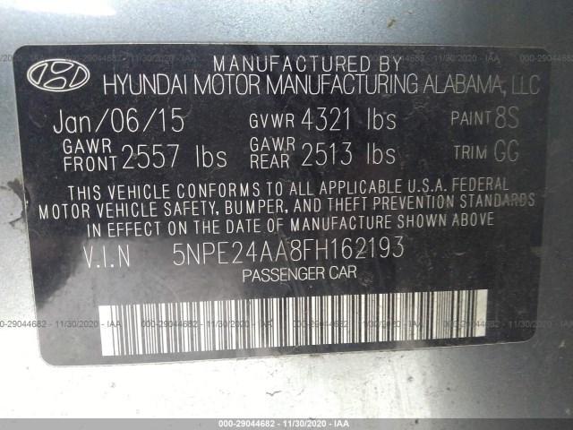 Photo 8 VIN: 5NPE24AA8FH162193 - HYUNDAI SONATA 