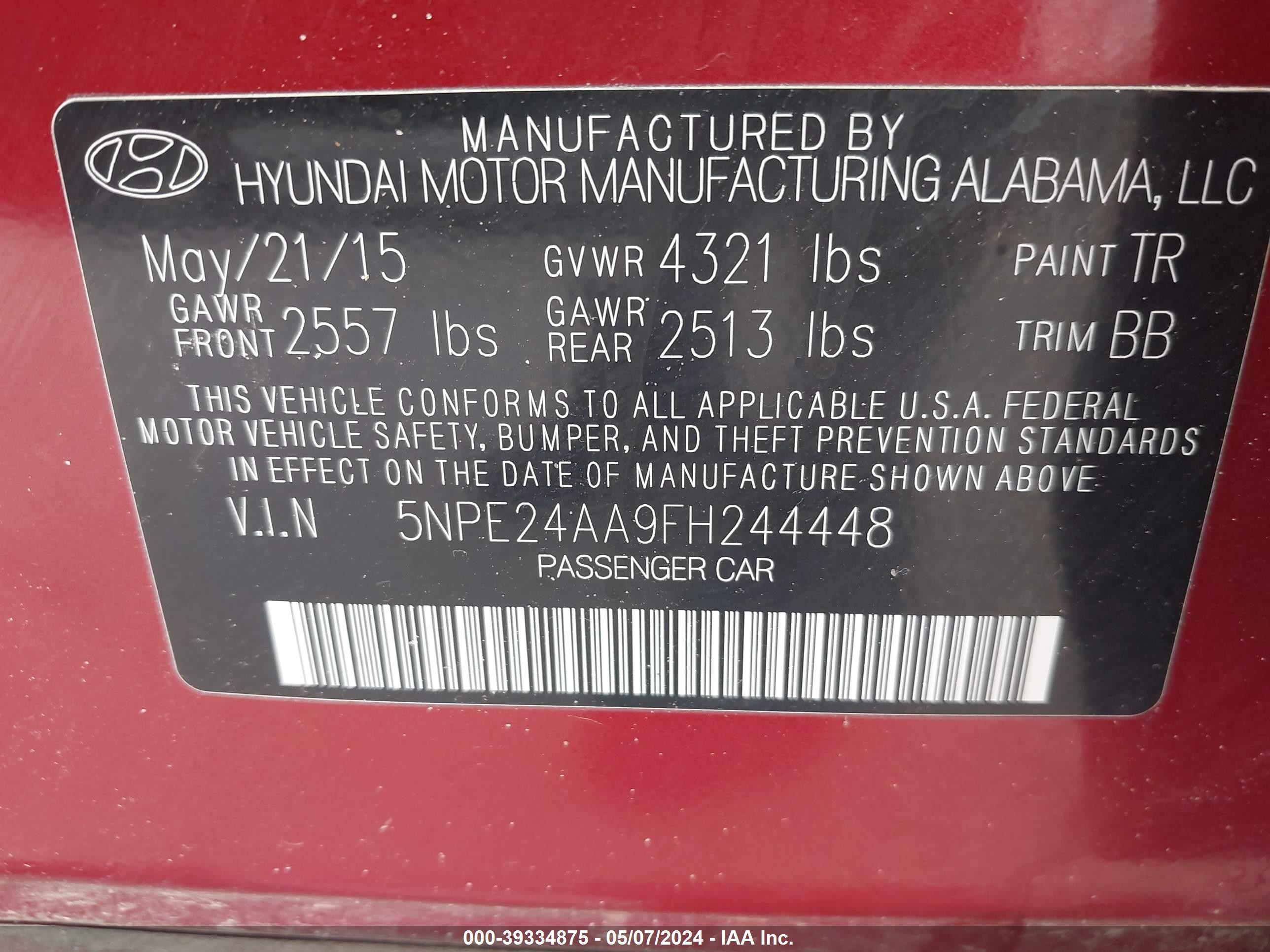 Photo 8 VIN: 5NPE24AA9FH244448 - HYUNDAI SONATA 