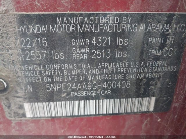 Photo 8 VIN: 5NPE24AA9GH400408 - HYUNDAI SONATA 