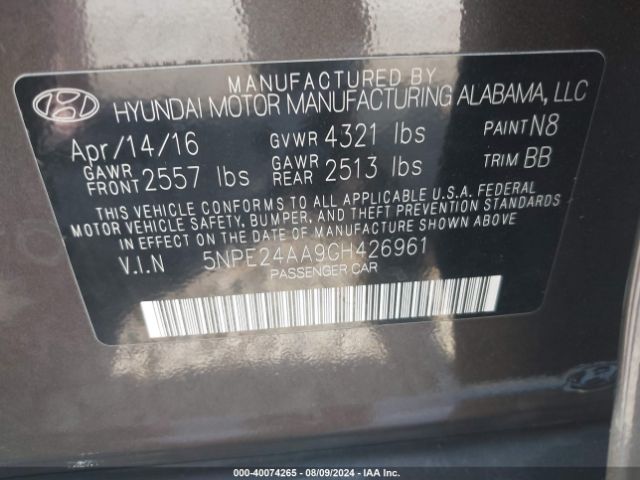 Photo 8 VIN: 5NPE24AA9GH426961 - HYUNDAI SONATA 