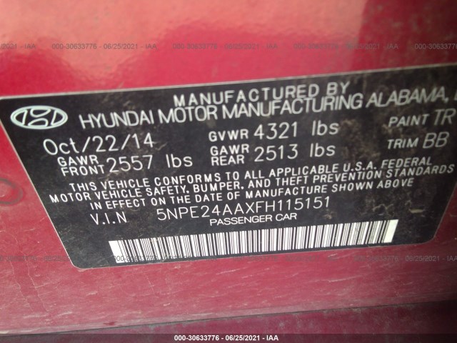 Photo 8 VIN: 5NPE24AAXFH115151 - HYUNDAI SONATA 