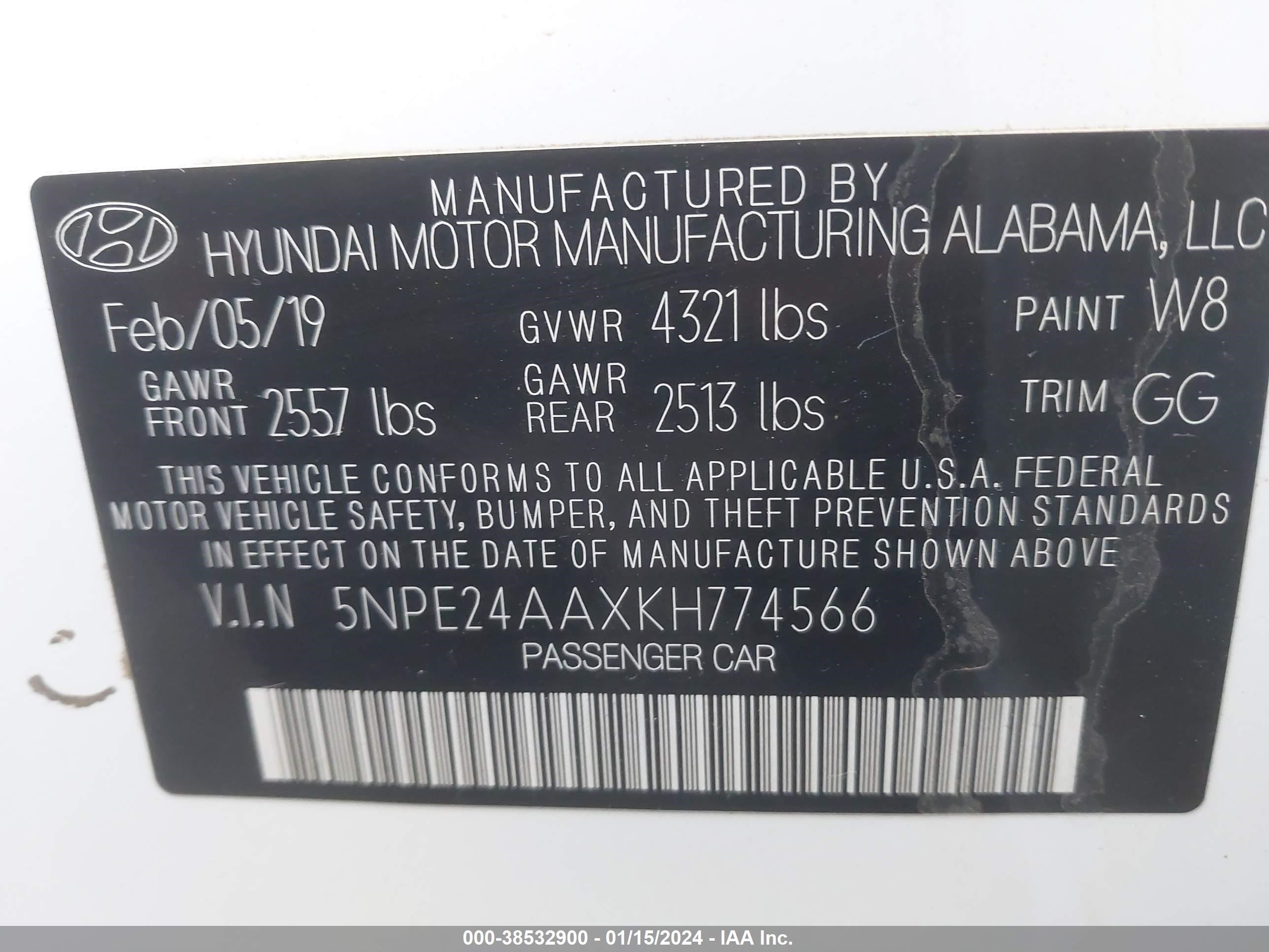 Photo 4 VIN: 5NPE24AAXKH774566 - HYUNDAI SONATA 