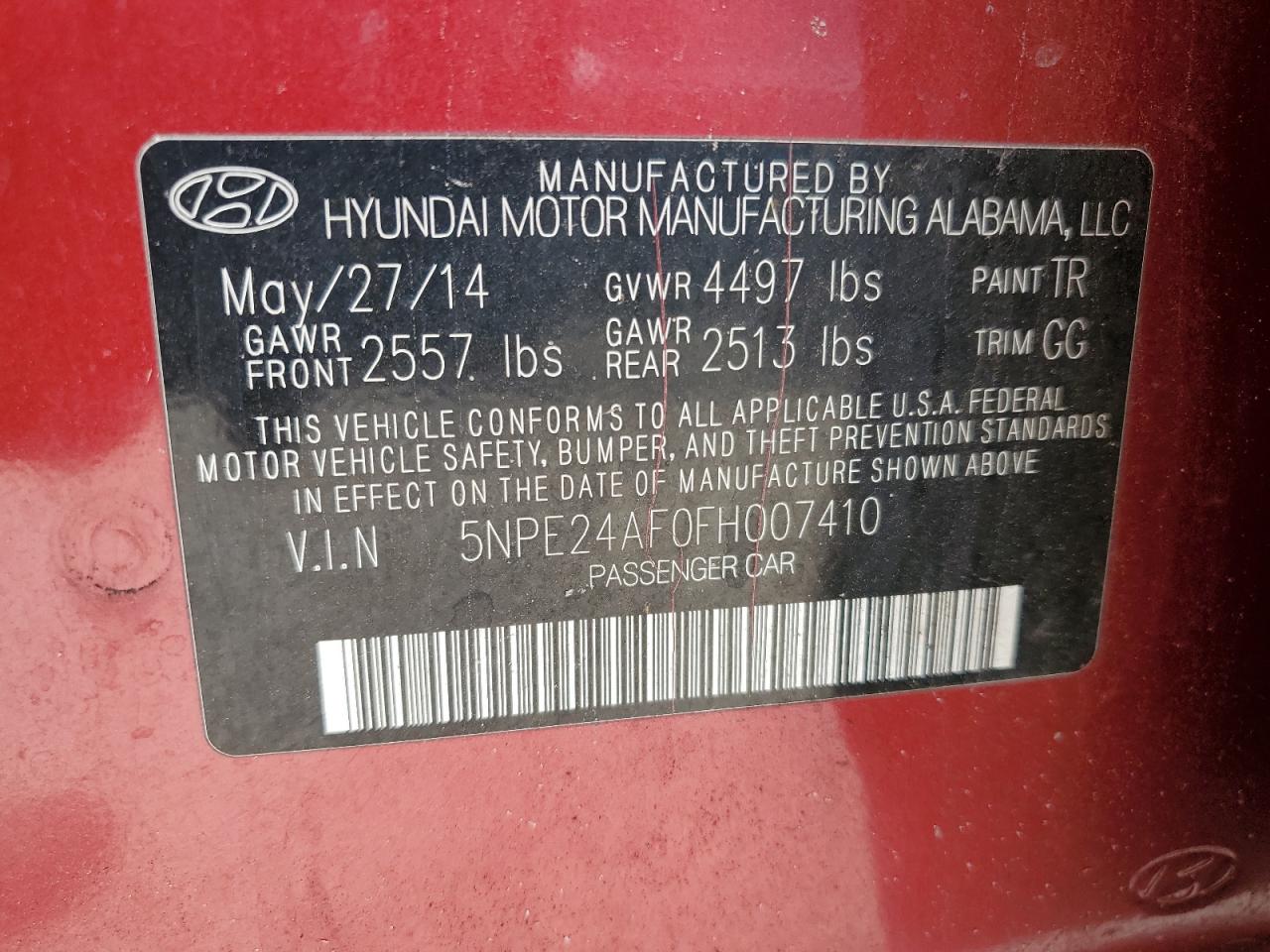 Photo 11 VIN: 5NPE24AF0FH007410 - HYUNDAI SONATA 