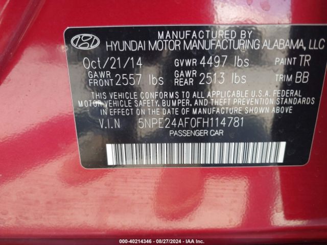 Photo 8 VIN: 5NPE24AF0FH114781 - HYUNDAI SONATA 