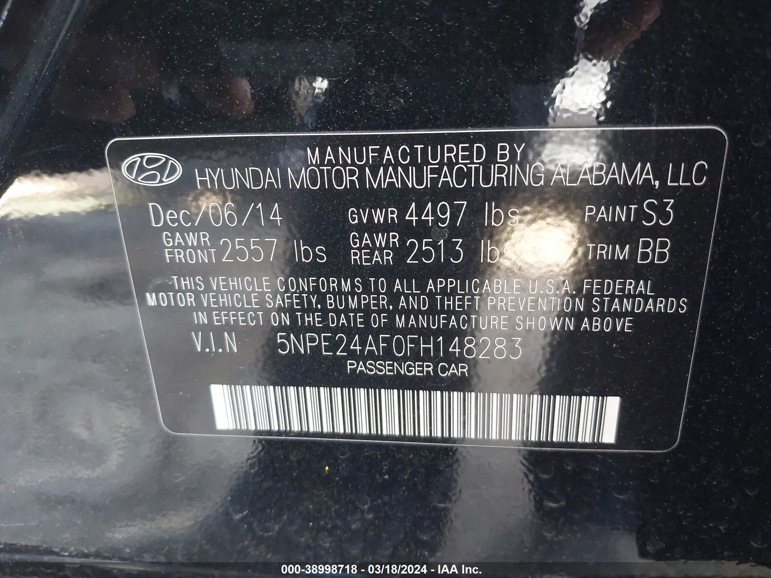 Photo 8 VIN: 5NPE24AF0FH148283 - HYUNDAI SONATA 