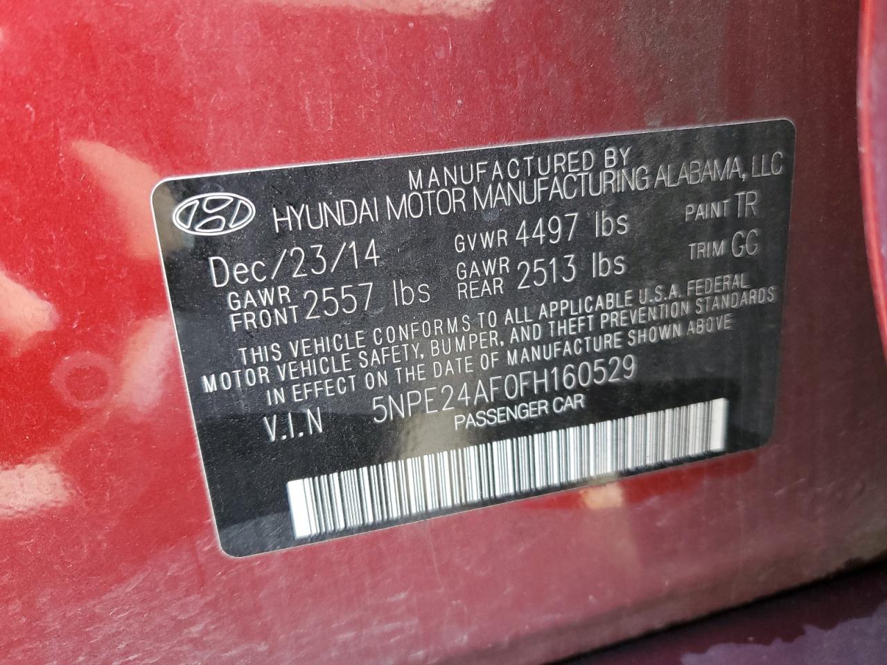 Photo 11 VIN: 5NPE24AF0FH160529 - HYUNDAI SONATA 