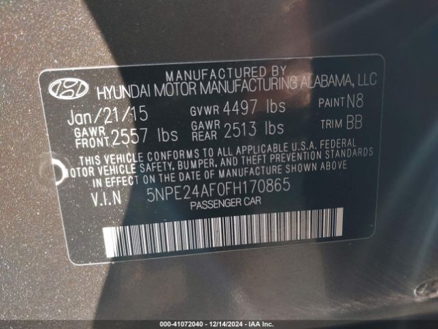 Photo 8 VIN: 5NPE24AF0FH170865 - HYUNDAI SONATA 