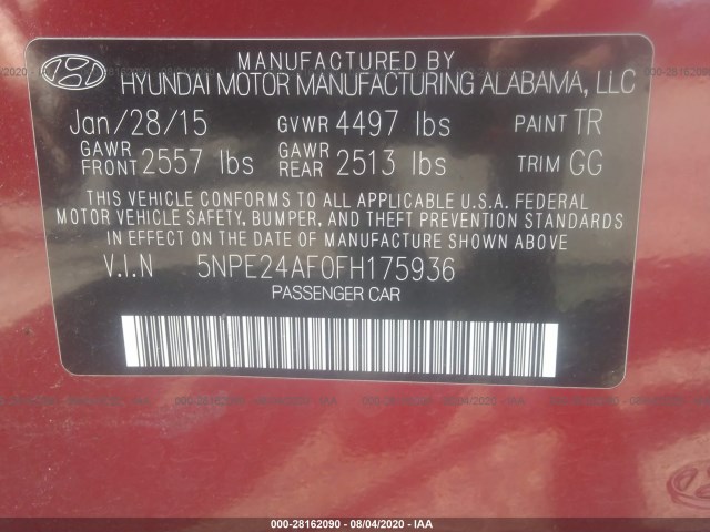 Photo 8 VIN: 5NPE24AF0FH175936 - HYUNDAI SONATA 