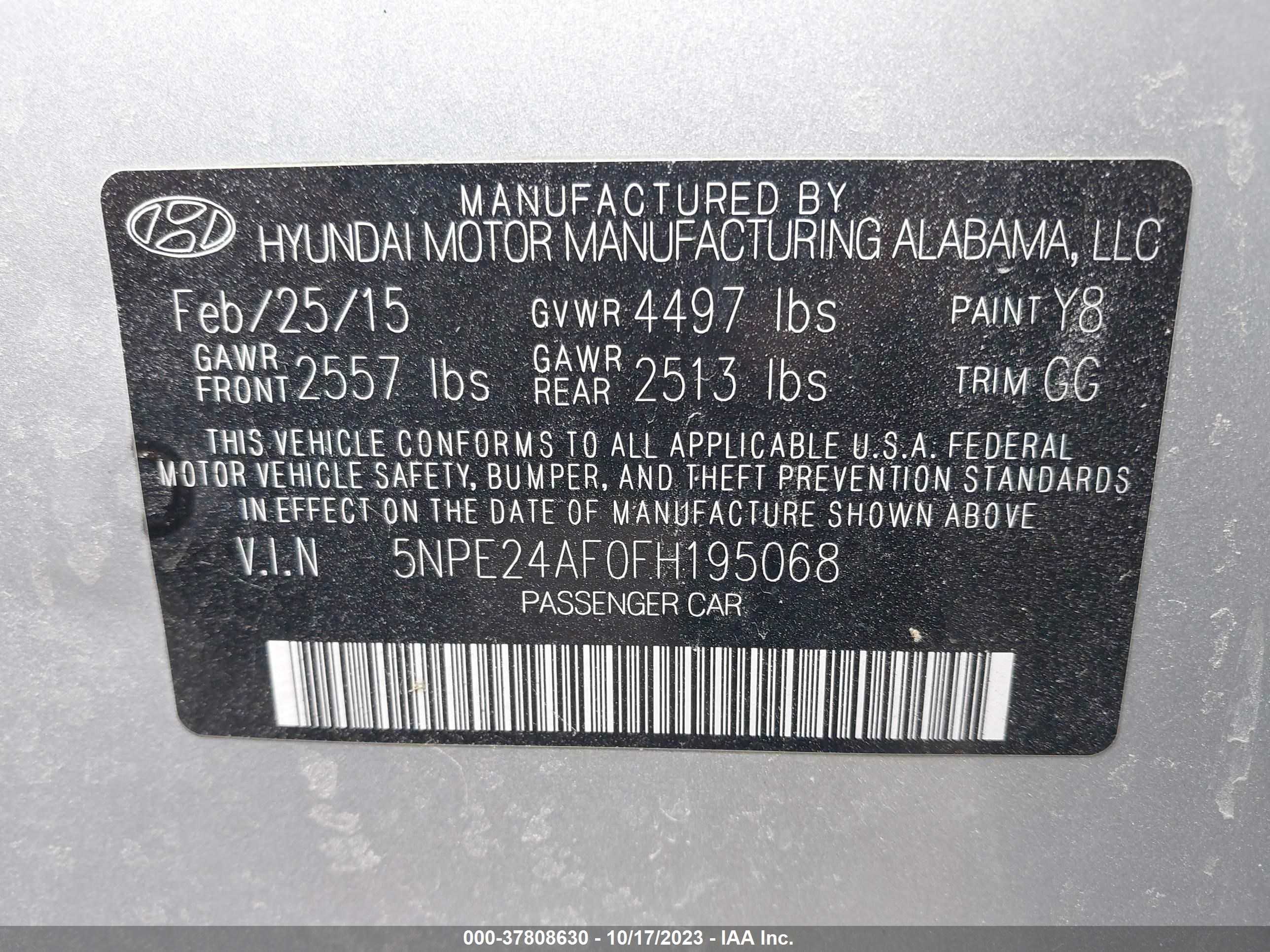 Photo 8 VIN: 5NPE24AF0FH195068 - HYUNDAI SONATA 