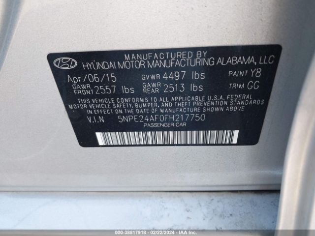 Photo 8 VIN: 5NPE24AF0FH217750 - HYUNDAI SONATA 