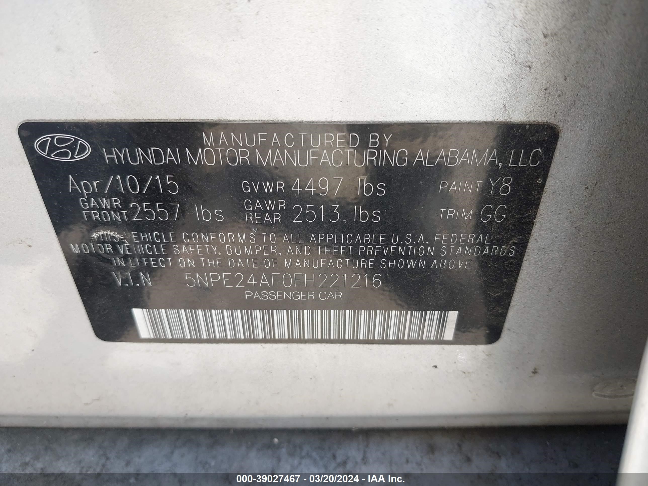 Photo 8 VIN: 5NPE24AF0FH221216 - HYUNDAI SONATA 