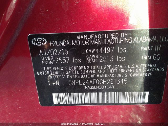 Photo 8 VIN: 5NPE24AF0GH261345 - HYUNDAI SONATA 