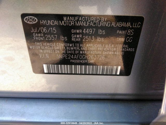 Photo 8 VIN: 5NPE24AF0GH263726 - HYUNDAI SONATA 