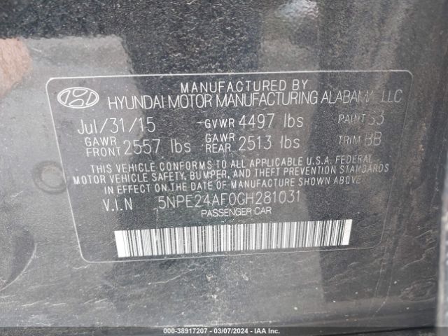 Photo 8 VIN: 5NPE24AF0GH281031 - HYUNDAI SONATA 