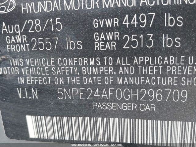 Photo 8 VIN: 5NPE24AF0GH296709 - HYUNDAI SONATA 