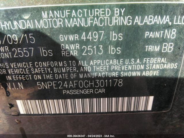 Photo 8 VIN: 5NPE24AF0GH301178 - HYUNDAI SONATA 