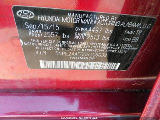 Photo 8 VIN: 5NPE24AF0GH306039 - HYUNDAI SONATA 