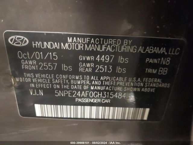 Photo 8 VIN: 5NPE24AF0GH315484 - HYUNDAI SONATA 