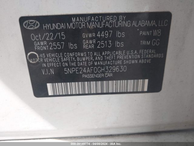 Photo 8 VIN: 5NPE24AF0GH329630 - HYUNDAI SONATA 