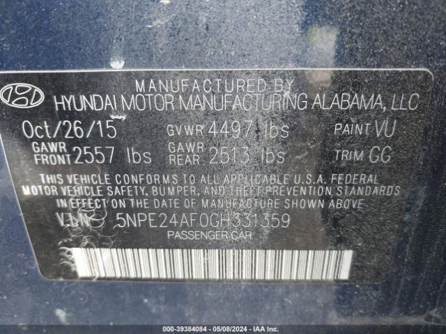 Photo 8 VIN: 5NPE24AF0GH331359 - HYUNDAI SONATA 