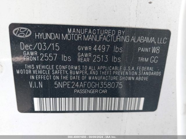 Photo 8 VIN: 5NPE24AF0GH358075 - HYUNDAI SONATA 