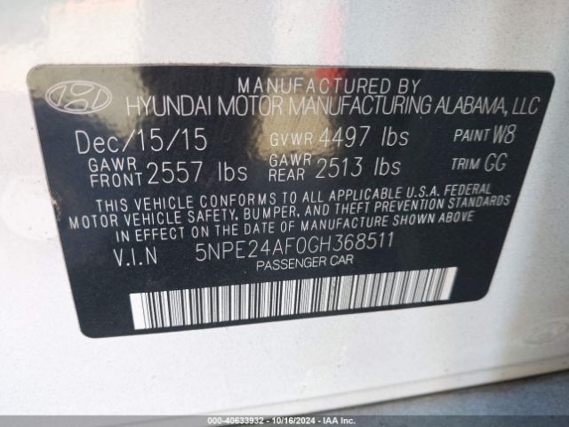 Photo 8 VIN: 5NPE24AF0GH368511 - HYUNDAI SONATA 