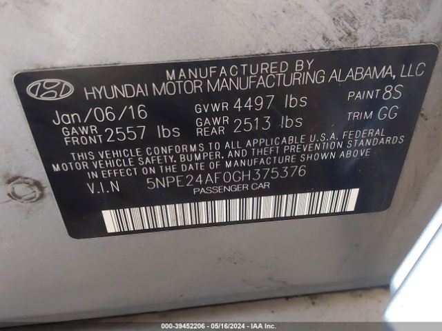 Photo 8 VIN: 5NPE24AF0GH375376 - HYUNDAI SONATA 