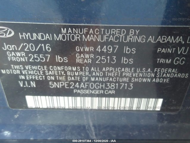 Photo 8 VIN: 5NPE24AF0GH381713 - HYUNDAI SONATA 