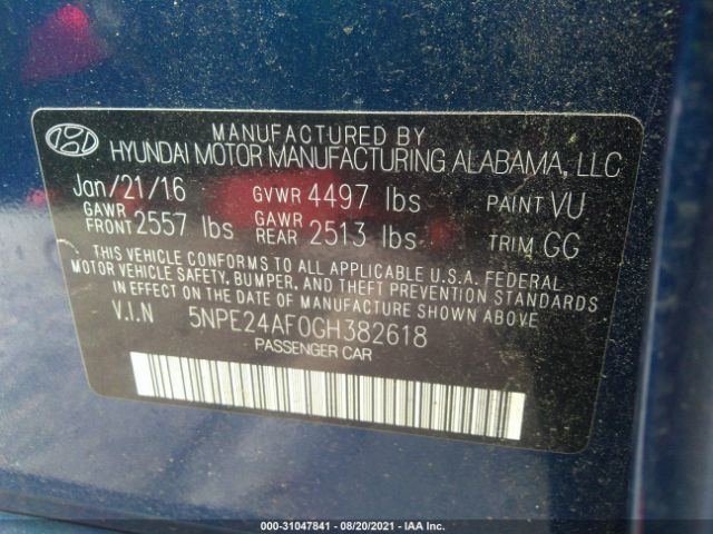 Photo 8 VIN: 5NPE24AF0GH382618 - HYUNDAI SONATA 