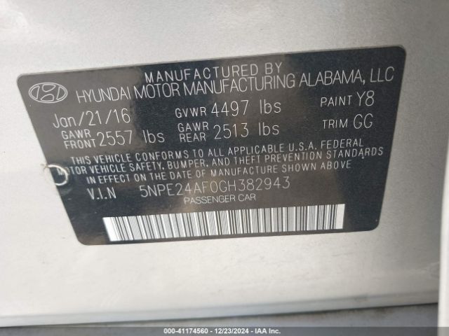 Photo 8 VIN: 5NPE24AF0GH382943 - HYUNDAI SONATA 