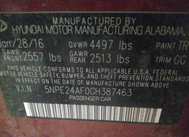 Photo 8 VIN: 5NPE24AF0GH387463 - HYUNDAI SONATA 